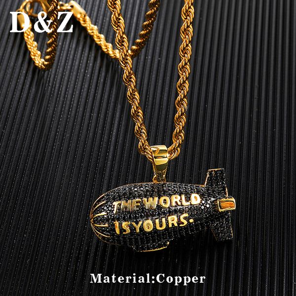 

d&z the world is yours blimp necklace hip hop iced out bling black cz airship pendant for men jewelry drop shipping, Silver