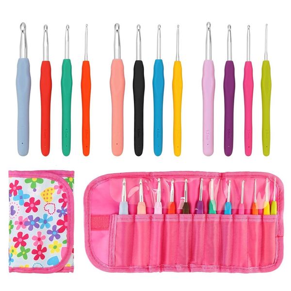 

набор крючков для вязания крючком 12 шт.-эргономичная мягкая резиновая ручка и алюминиевая вязальная игла в футляре-размер от 2 мм до 8 мм d, Black