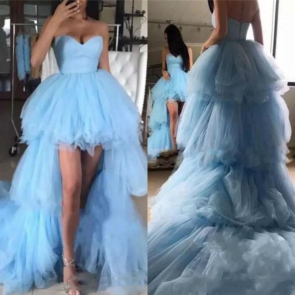 Luz Céu Azul Em Camadas Vestidos De Baile De Alta Baixa Coração Com Zíper de Volta Sexy Coquetel Vestidos Longos Trem Tulle Ruffles Barato Vestido de Noite