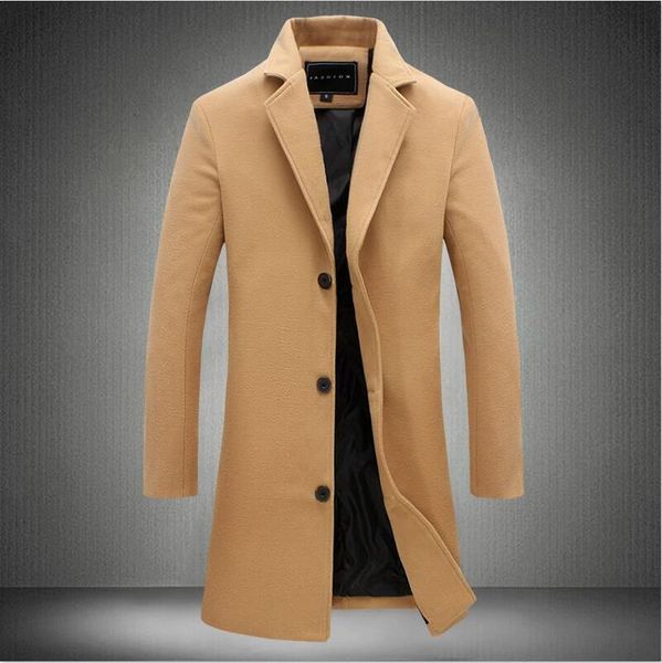 

adisputent mens jacket outwear autumn winter wool&blends male solid casual business trench slim long section overcoat hommes, Black