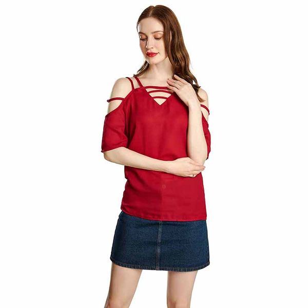 

summer off shoulder shirt women lace up batwing short sleeve tee shirt femme solid color v-neck loose, White