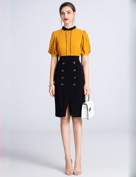 

color block women sheath dress buttons embellishment ol office lady split dresses 05hx928, White;black