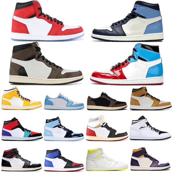 

new 1 high travis scotts low fearless obsidian mens basketball shoes spiderman unc 1s 3 banned bred toe trainers sports sneakers, White;red