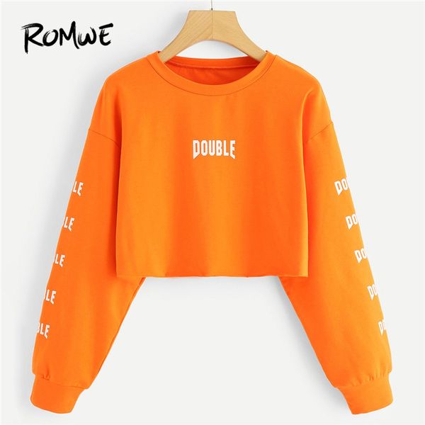 

romwe orange letter печать crop толстовка женщины повседневная осень новый дизайн круглый шею длинным рукавом одежда весна женский пуловер, Black