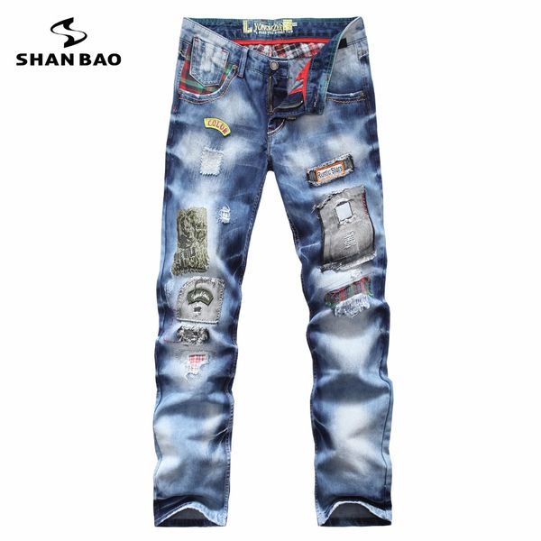 

shao bao brand personality popular clothing style hole patch jeans autumn and winter fashion men straight beggar trousers blue