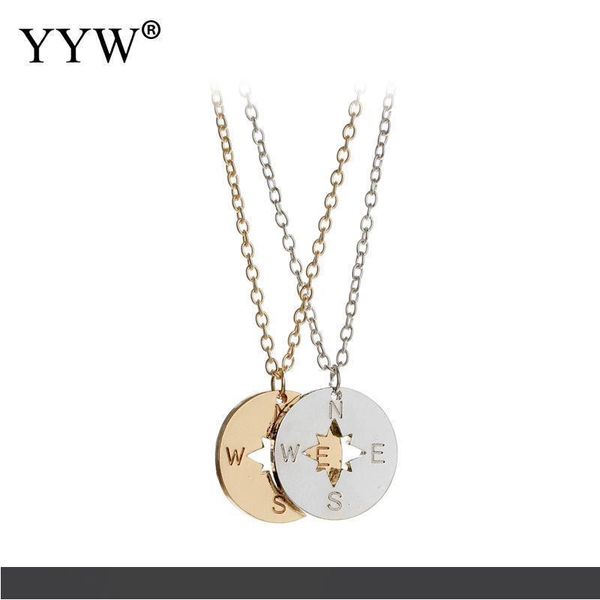 

yyw fashion new zinc alloy jewelry compass geometric coin with letter pattern pendant necklace with oval chain for women girls, Silver