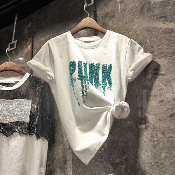 

2020 heavy sequins industry letter sequins t-shirt women's short sleeve korean style loose round collar t-shirt top, White