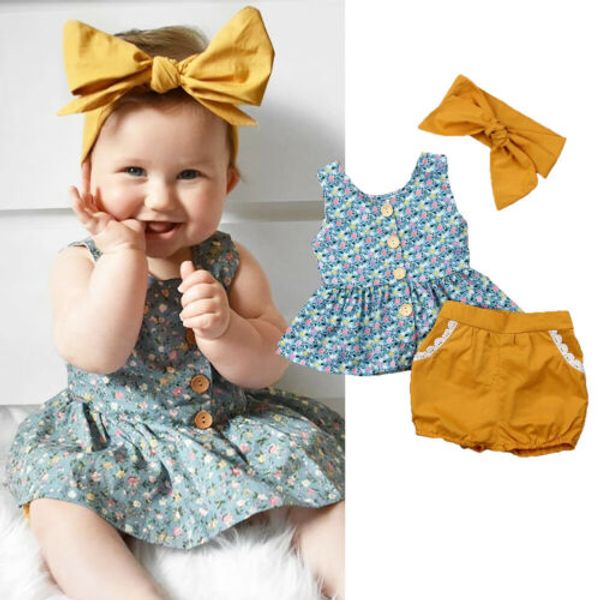 

baby girl clothing summer floral sleeveless shorts headband new born set infant clothing set toddler set roupa infantil, White