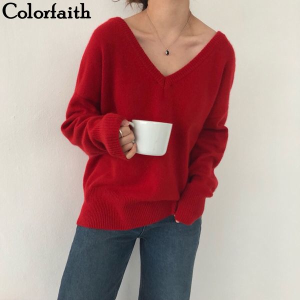 

colorfaith new 2019 autumn winter women's sweaters loose casual fashionable minimalist korean style knitting ladies sw7113 ly191225, White;black