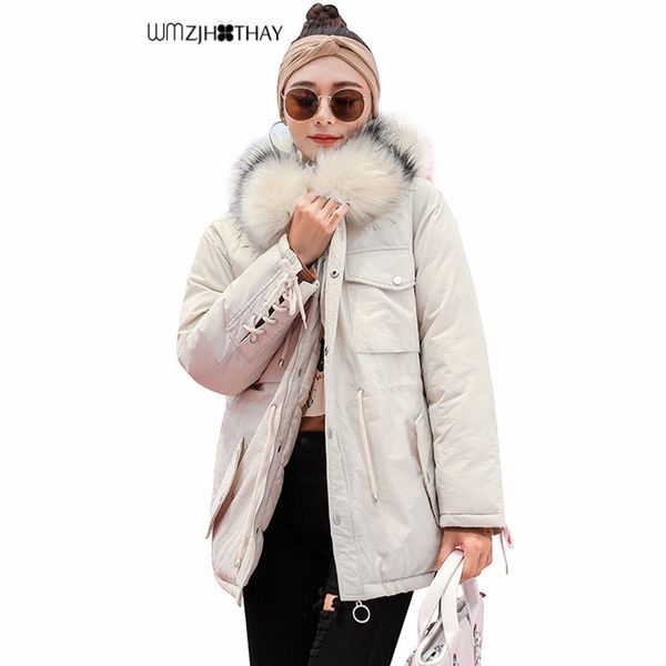 

patchwork colored big fur collar cotton jacket winter women down warm hooded parker fashion casual thicken loose coat outerwear, Black
