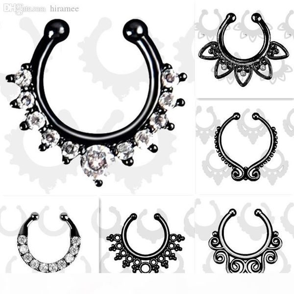 

wholesale-fake septum piercing nose ring black hoop nose for women faux clip rings clicker non body jewelry, Slivery;golden