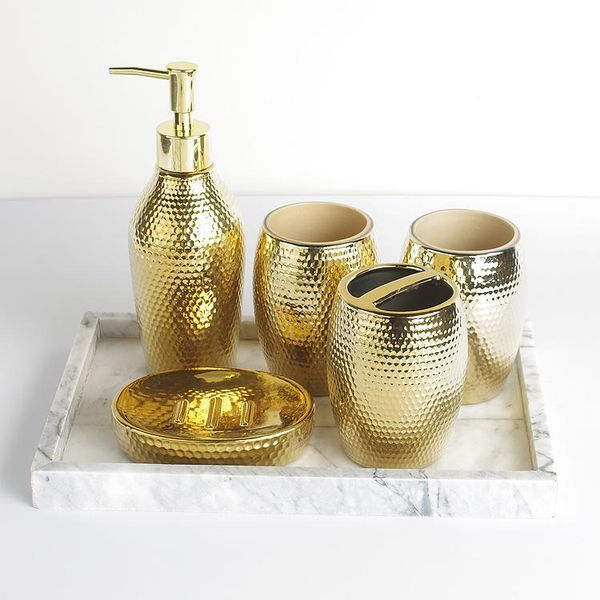 5 pezzi / set Tazza per pennelli per lavaggio domestico, distributori di sapone liquido, portasapone set di accessori per il bagno in ceramica goldern moda