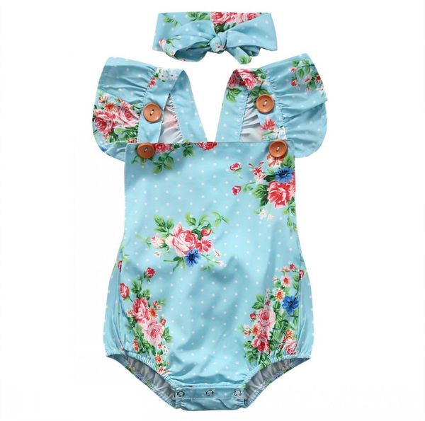 

newborn baby girls floral one-pieces romper sunsuit headband clothes set, Blue