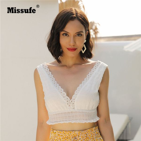 

missufe women patchwork lace tank boho crop ladies camisole v-neck camisole summer sleeveless vintage backless tank top, White