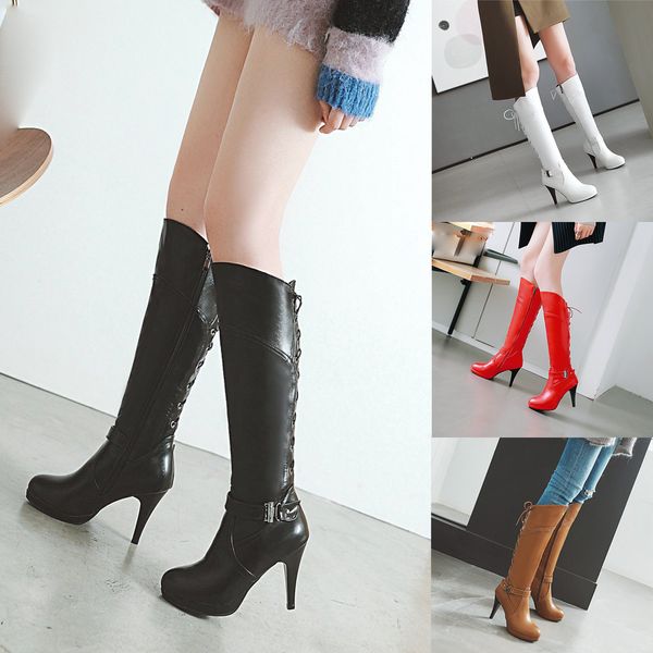 

muqgew fashion retro women's belt buckle rear tie shoes round-toe fine heel high boots women boots with solid color #1130, Black