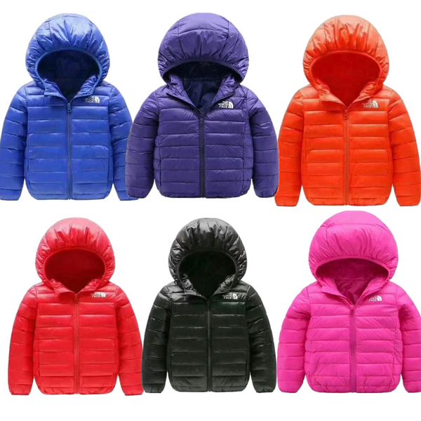 

Children junior nf winter down jacket kid light duck down coat the north warm hooded coat boy girl brand face de ign outwear 6color c8803, Blue;gray