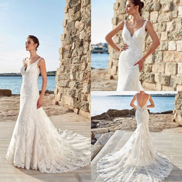 

eddy k 2019 свадебные платья sexy v-образным вырезом с открытой спиной и кружевными аппликациями русалка свадебные платья sweep train свадеб, White