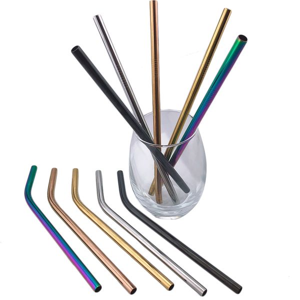 

10pcs 8/12*215mm silver rainbow wider straight bent metal straw reusable drinking stainless steel straws cleaner brush bag party