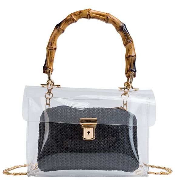 

fashion solid color bags 2pcs waterproof women weave wooden handle chain bags single shoulder ladies hasp & zipper 2019 #a