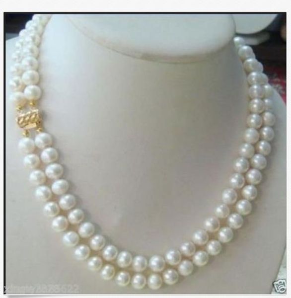 

2 row 7-8mm akoya real white pearl necklace 18-19 inch, Silver