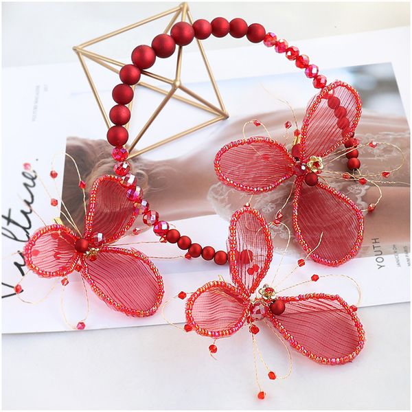 

korean-style bridal headwear simple wine red toast red bead hair band flower hairpin temperament wild hair accessories, Golden;white