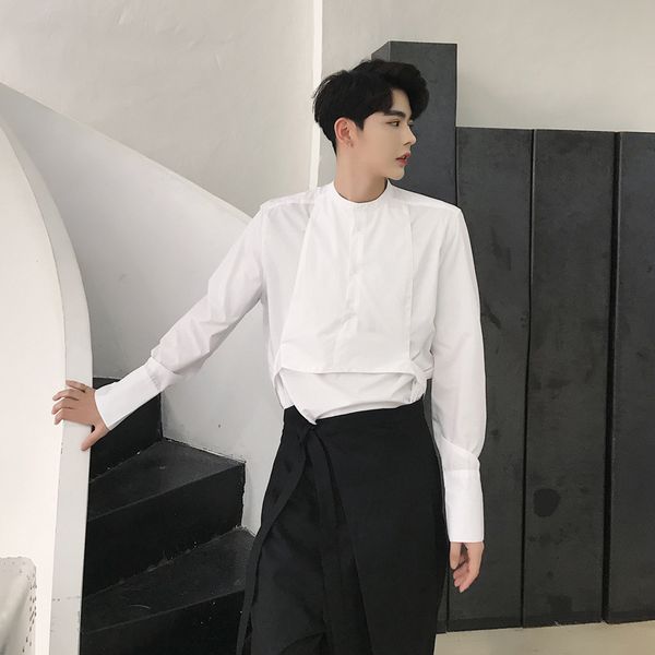 

men's casual shirts 2021 autumn college style simple unique retro design men delicate fake two dark wind long sleeve stage costumes, White;black