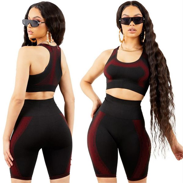 

2020 полосатый спортивный комплект женщины красный черный два 2 шт растениеводство топ бюстгальтер высокая талия шорты леггинсы спорт тренир