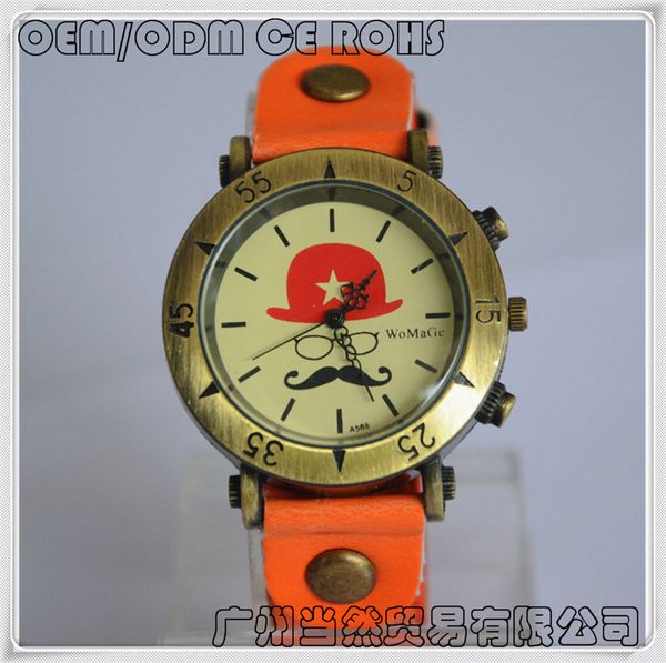 

personality design hat mustache simple fashion casual watch cartoon women men gift cow leather band quartz lady watches, Slivery;brown