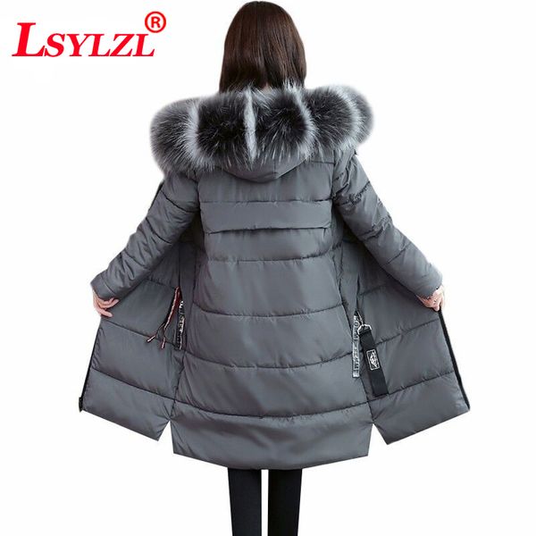 

plus size 6xl winter coat women thick hooded parka female long fur collar down cotton jacket solid warm outwear c490, Black