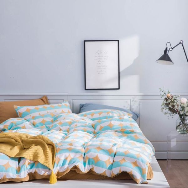 

2019 geometric checkered scandinavian bedding set duvet cover 4pcs twin  king flat sheet wash cotton bedlinens pillowcases