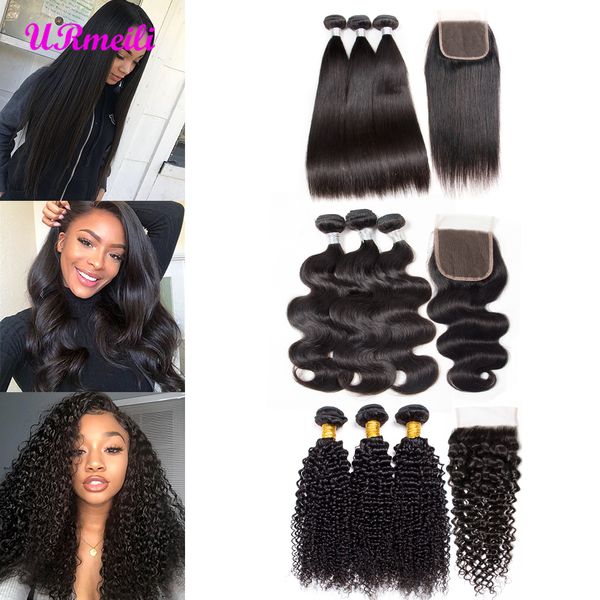 

deep wave bundles with closure 10a grade raw virgin indian unprocessed body wave kinky curly loose wave straight hair bundles with closure, Black;brown