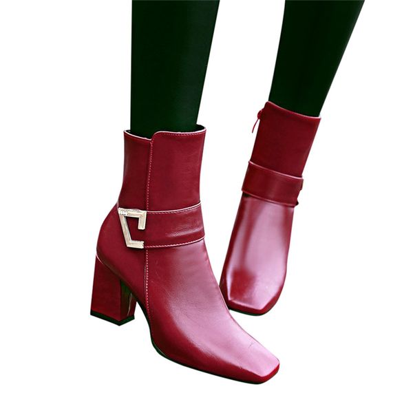 

sagace women new autumn pu ankle boots square heels brogue pumps elegant ladies zip high heels female short vintage shoes 1107, Black