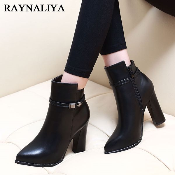 

women 7cm/9cm high heel pointed toe ankle boots fashion side zipper dress boots short plush winter black leather shoes ch-a0000