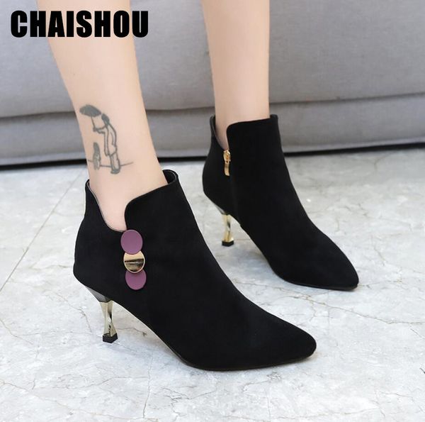 

2019 autumn women high heel shoes ankle boots leather solid color pointed sequins zipper women shoes bota feminina d-218, Black