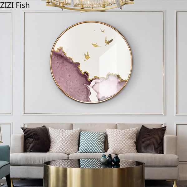 

creative nordic decorative paintings glass gold frame round abstract modern home living room background wall wall decoration