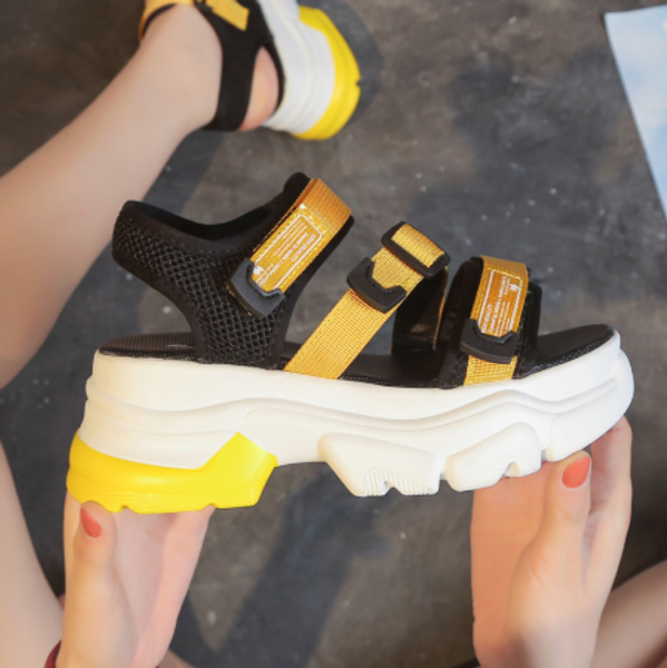 

2020 summer chunky sandals for women fashion platform sandal woman wedges shoes casual shoes yellow green, Black