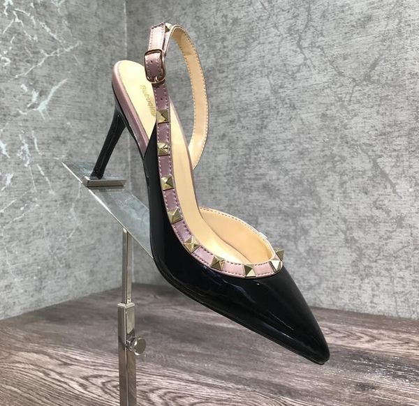 

women lady woman 2019ss black white patent spikes poined toes wedding heels stiletto high heels shoes pump sandals slingback