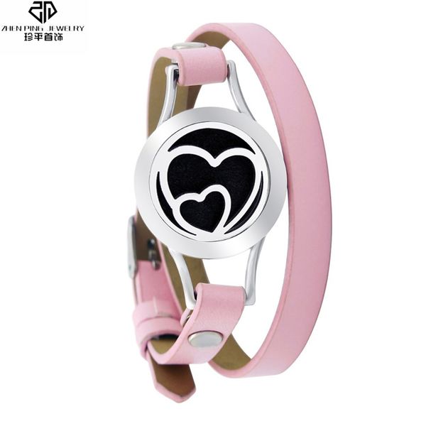 

heart shape stainless steel essential oil diffuser bracelet magnetic locket pink genuine leather wrap bracelets, Golden;silver