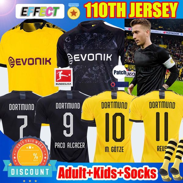 

thailand maillots de foot borussia dortmund soccer jersey 110th black reus m.gotze sancho 17 haaland football shirts hummels paco kids socks