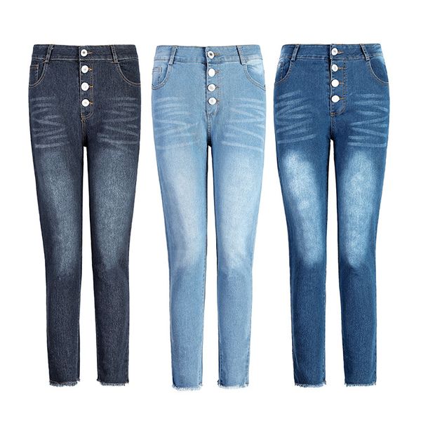 

lady's jeans middle-waisted pencil pants jeans for women womens hole jean skinny plus size spring autumn, Blue
