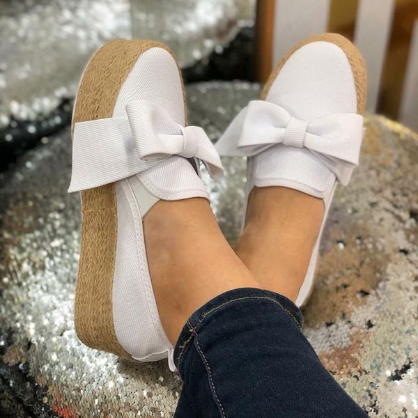 

dihope 2020 solid women flats platform shoes slip on casual ladies canvas shoes bow knot thick bottom lazy loafers espadrilles, Black