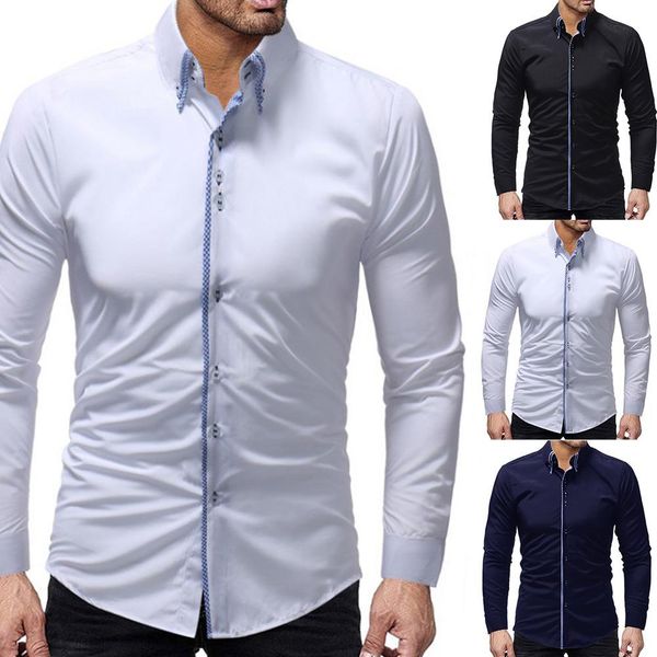 

2020 new trendy men solid color long sleeve turn down collar buttons cotton slim business shirt christmas gift for male, White;black