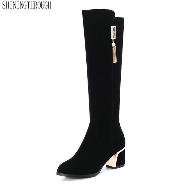

2020 women knee high zipper boots platform square toe elegant winter boots women motorcycle big size 34-43, Black