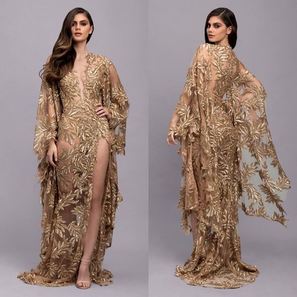 

2020 gold lace african beach evening dresses sheath prom dresses long sleeves see through formal party bridesmaid pageant gowns