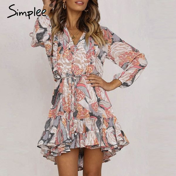 

simplee elegant floral print women short shirt dress v neck long sleeve ruffle chiffon vestidos summer beach plus size sundress, Black;gray