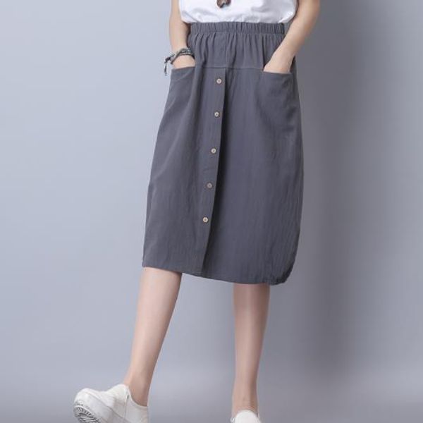 

2020 cotton linen vintage skirt empire elastic waist button pockets women midi skirt plus size ladies dc902, Black
