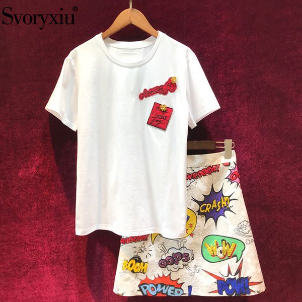 

svoryxiu women's summer runway skirt suit white cotton short sleeve tees + beading letter printed a-line skirts two piece set