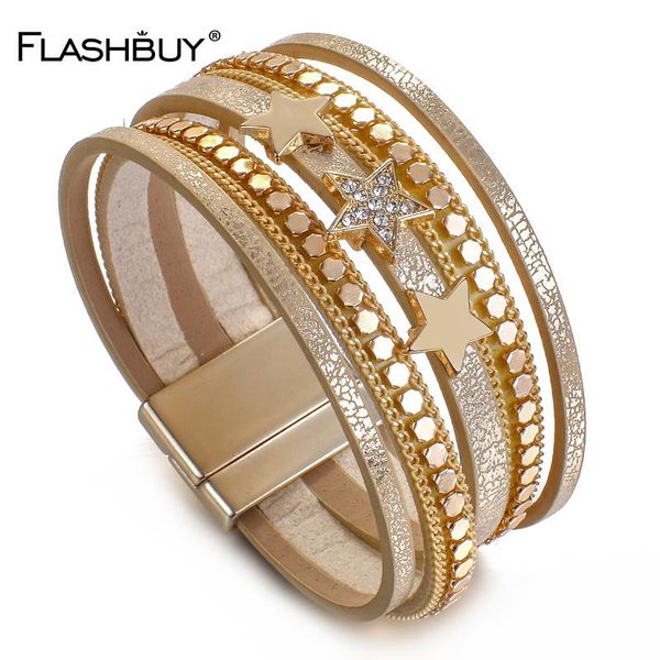 

flashbuy new stars leather bracelets for women fashion rhinestone 6 color simple wide wrap bangles costume jewellery wholesale, Golden;silver