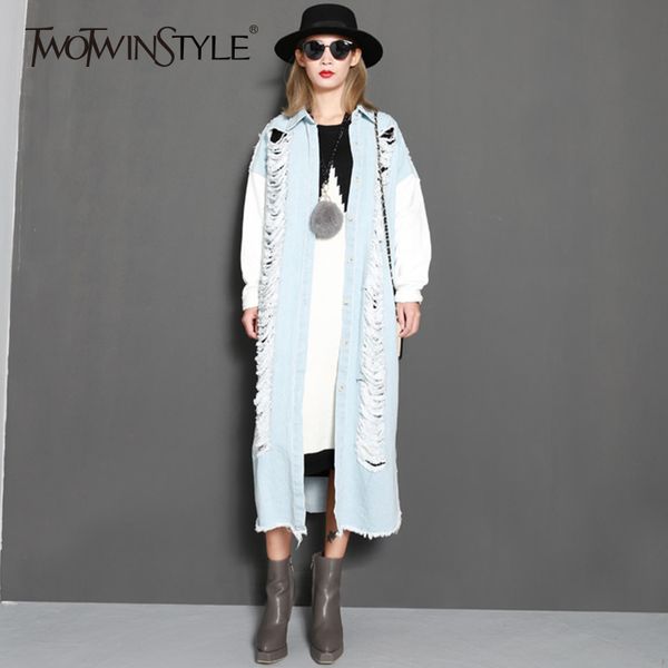 

twotwinstyle hole denim windbreaker female ripped patchwork lapel collar single breasted x long trench coats 2019 spring fashion, Tan;black