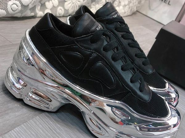 

fashion mens womens lace-up coated soles mirror reflective ozweego colorful gradient hollow raf simon mens womens casual shoe, Black